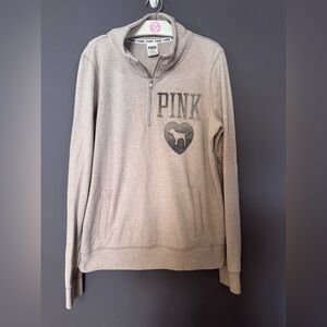 VS PINK VINTAGE 1/2 ZIP CREW SWEATSHIRT BEIGE DOG PUP HEART LOGO HTF RARE LARGE